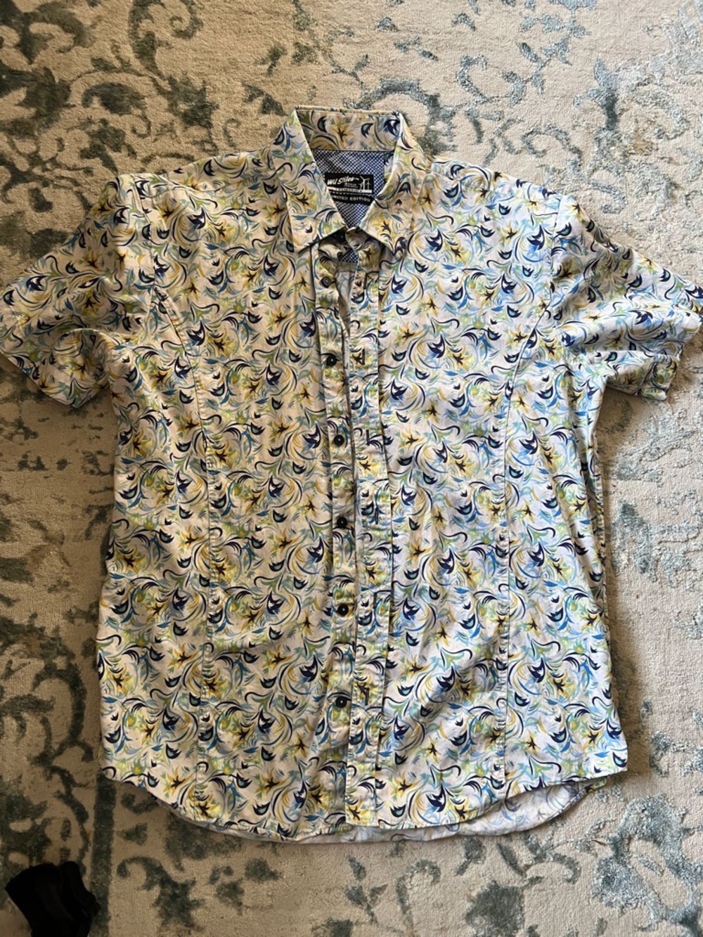 Men's Short-Sleeve Button-Down Shirt in White with Blue and Green Print